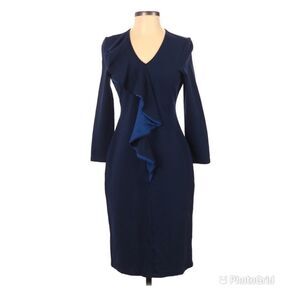 New SABIE Long Sleeve Navy Blue Knit Midi‎ Dress Sheath Office Career Medium